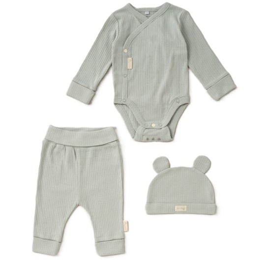 Sage green organic cotton baby clothing set with long sleeved baby bodysuit, baby trousers and baby beanie hat with ears.