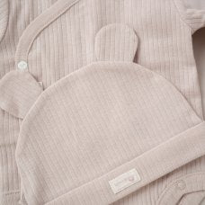 Organic cotton taupe baby layette set with trousers, long sleeved bodysuit and baby hat.