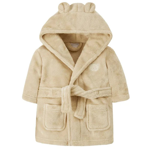 Beige children's robe with hood and bear ears on a white background