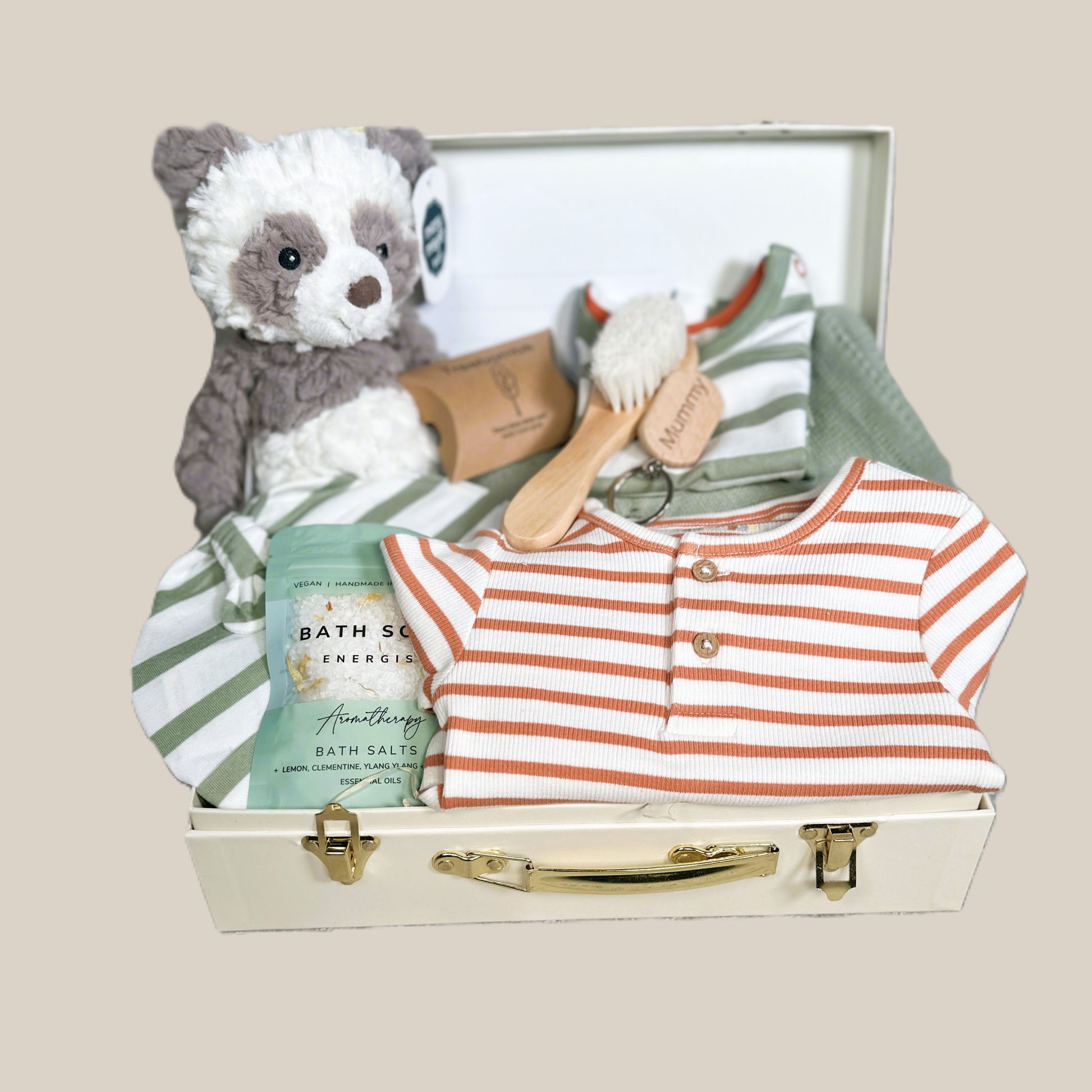 New baby gift hamper with panda soft toy, baby blanket and baby clothes in a baby keepsake case.