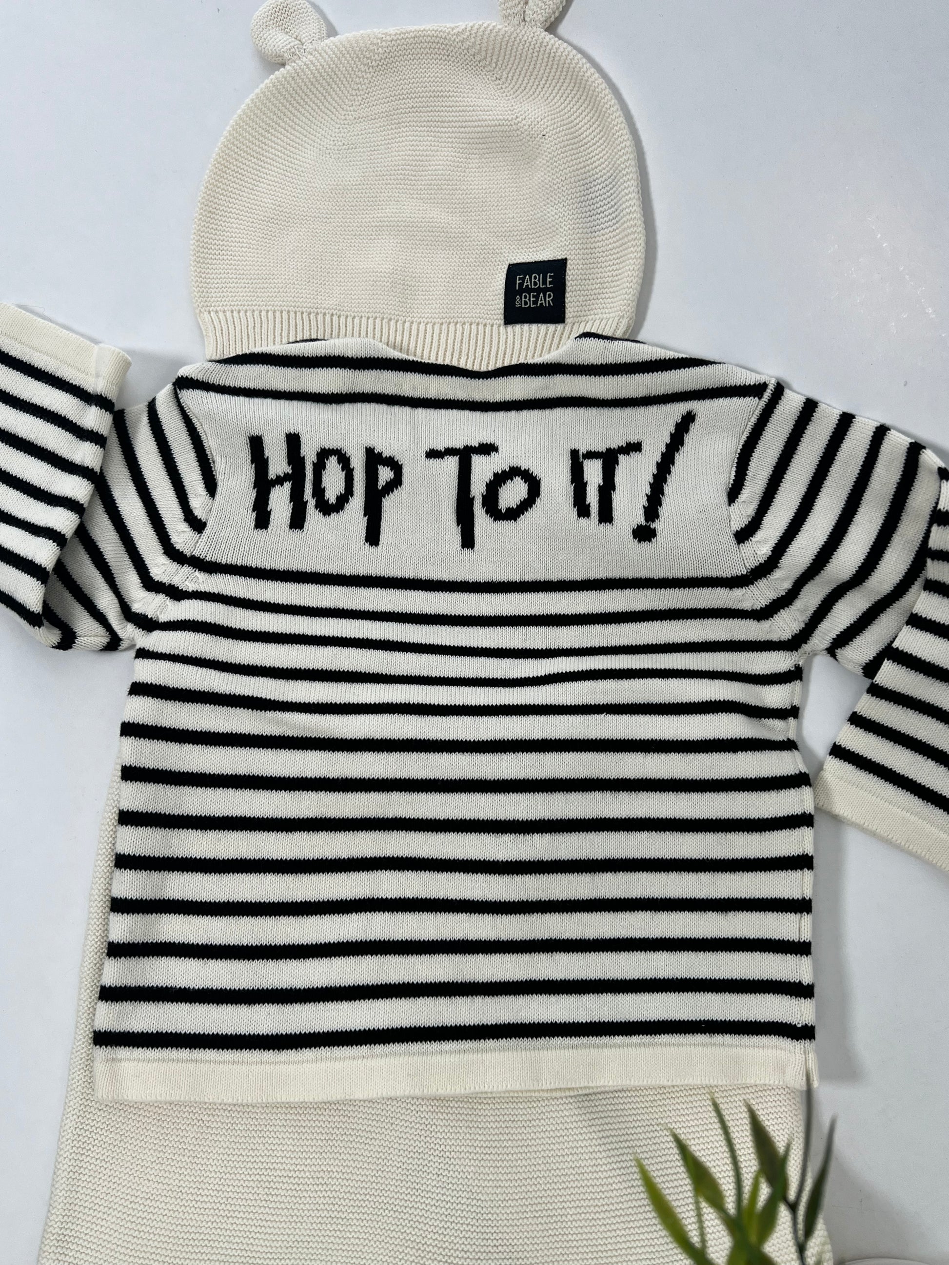 Organic cotton baby clothing set , a baby jumper with a bear face and hand stitched facial features, a matching baby hat and baby leggings