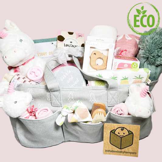 New Baby Girl Hamper Gift, Cotton Baby Blankets, Nappy Caddy, Eco Friendly Baby Girl Gifts, Baby Journal, New Mummy Presents