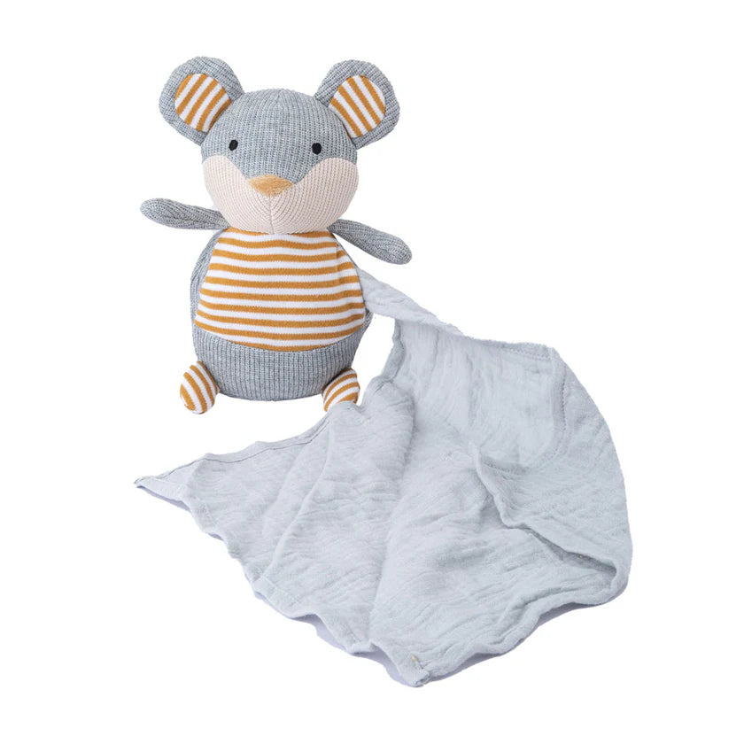 Plush toy mouse with striped body and baby comforter cloth on a white background