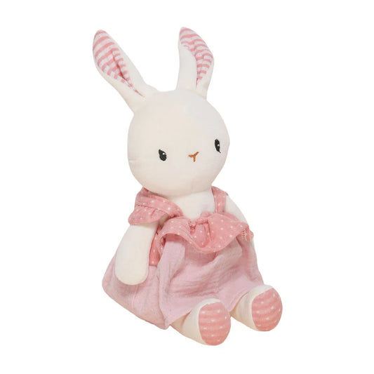 Jumini plush rabbit baby soft toy with a pink dress on a white background