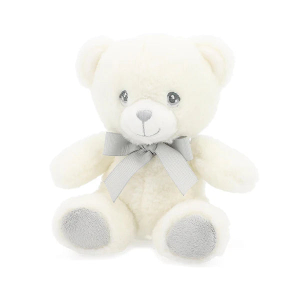 Keeleco white 14cms teddy bear with a grey bow on a white background