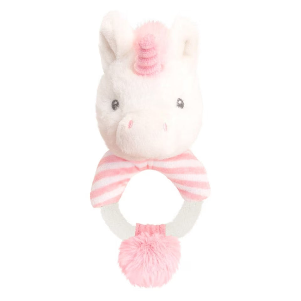 pink and white unicorn baby ring rattle