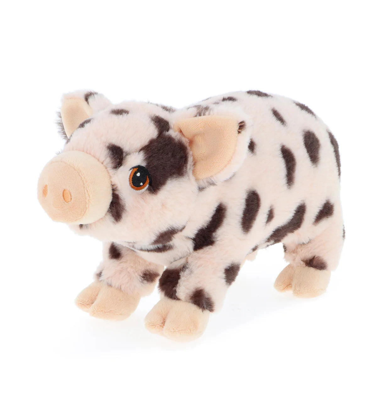 Keeleco plush toy pig with black spots on a white background