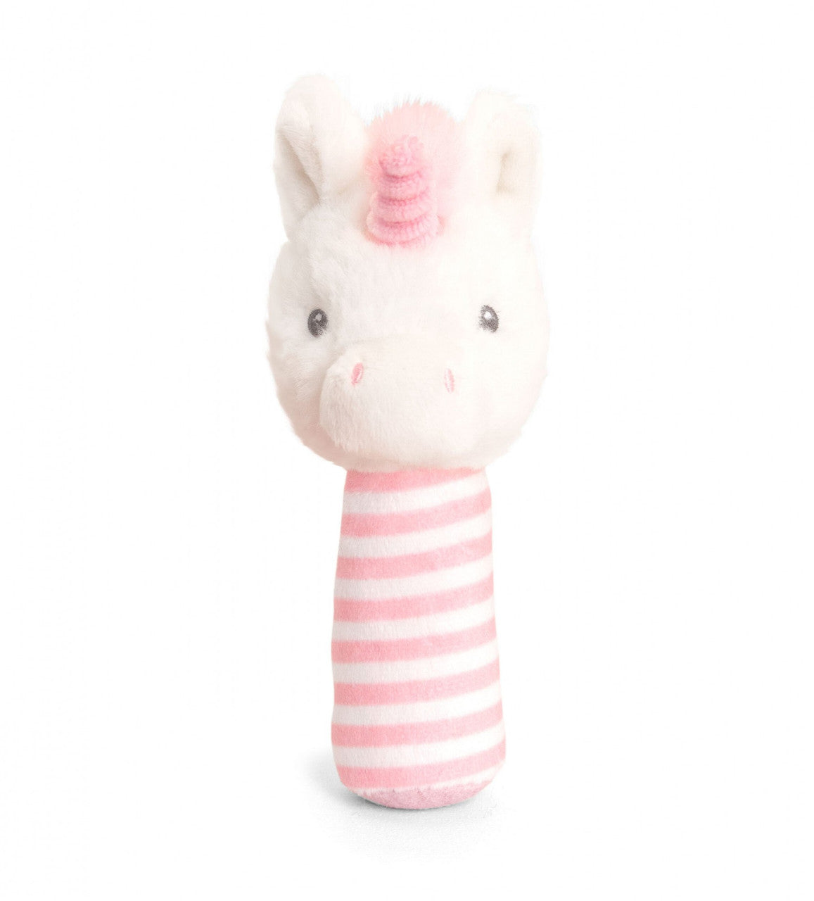 pink and white unicorn ring baby rattle