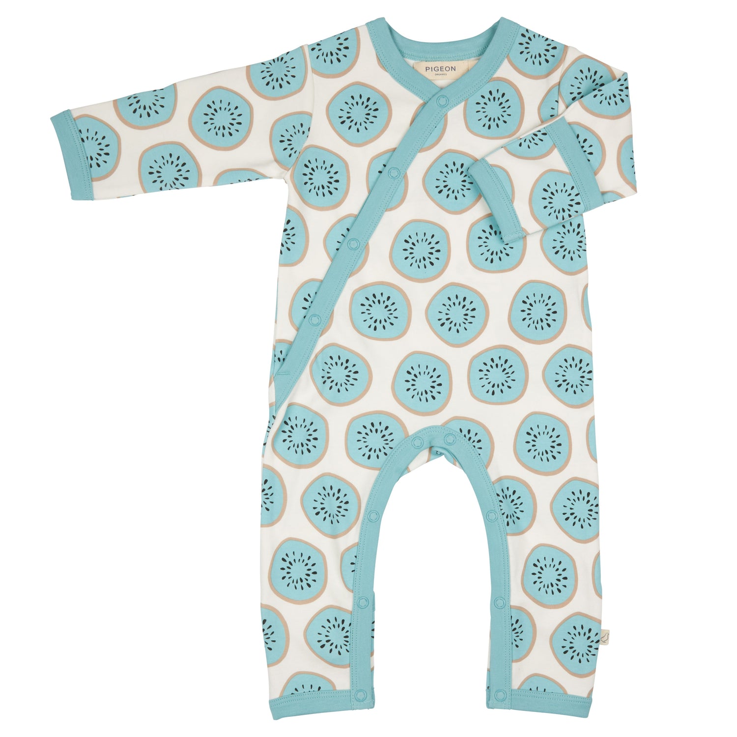 An organic cotton baby sleepsuit with turquoise kiwi fruit print.