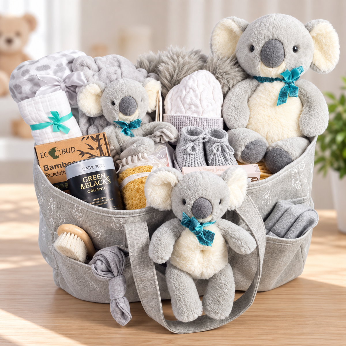 A new baby gift nappy caddy filled with koala-themed items, including Keeleco plush toys and baby comforter, a baby pompom hat, baby booties, baby hooded robe, baby hairbrush, baby knotty hat, \green and Blacks hot chocolate, fleece baby blanket and baby toiletries.
