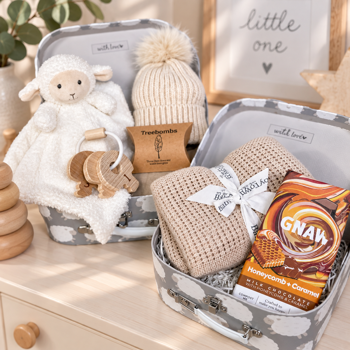 Lamb themed new baby gift hamper with baby blanket, comforter and chocolate