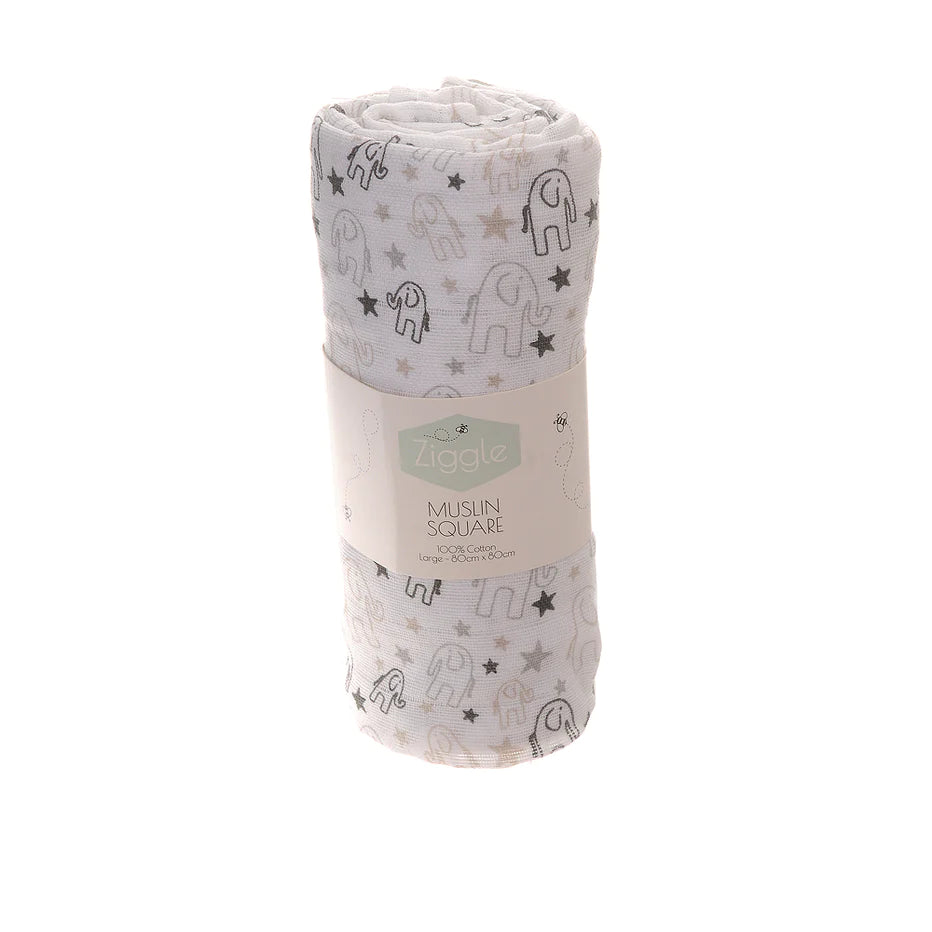 80cms by 80cms neutral elephant print baby muslin