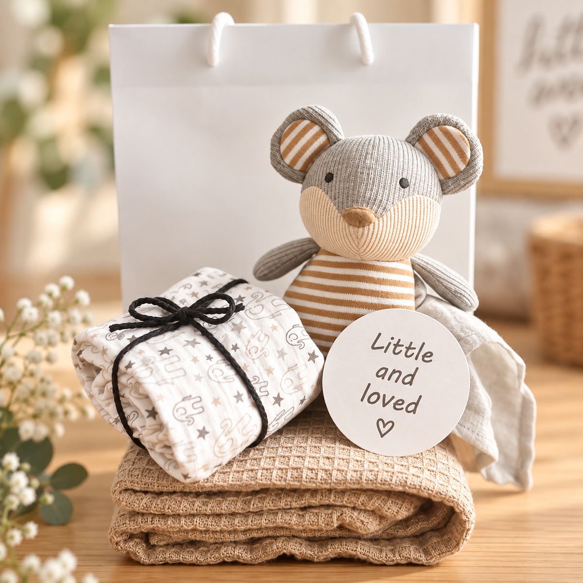 A baby gift hamper featuring a grey and beige striped plush mouse toy with comforter, a folded beige waffle baby blanket, a matching patterned baby muslin tied with a black ribbon, a white gift bag, and a round white tag that reads 'Little and loved'.