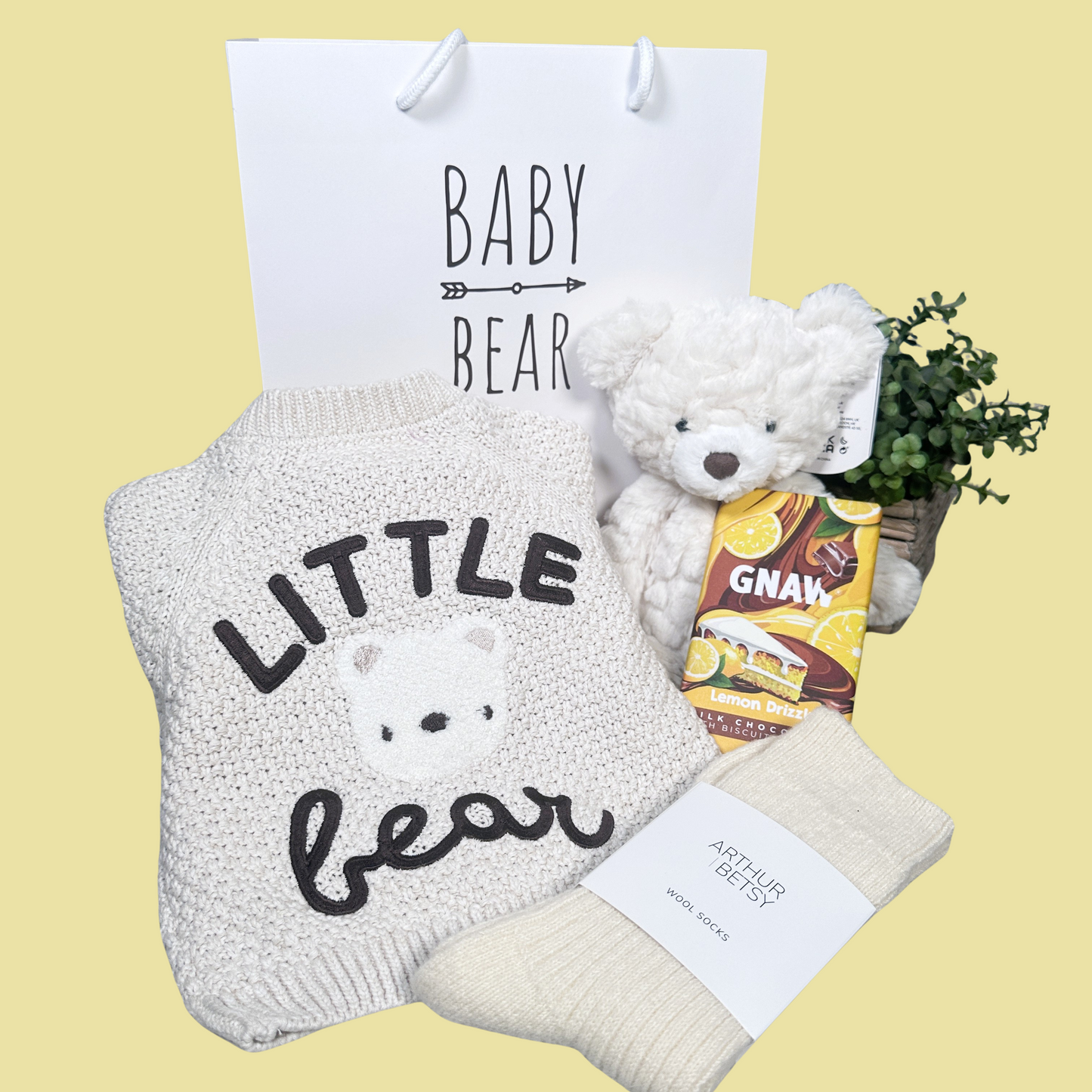 Baby Hamper - Eco friendly new baby gift, cotton babywear, taupe and white.