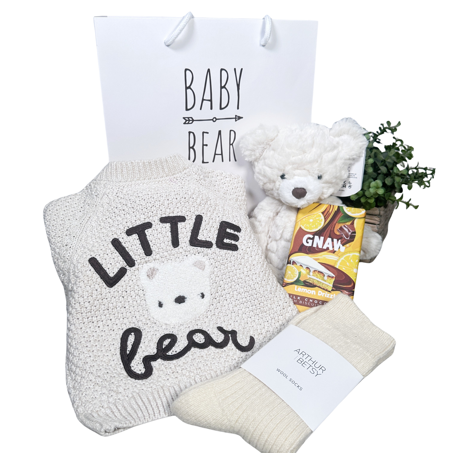 Baby Hamper - Eco friendly new baby gift, cotton babywear, taupe and white.