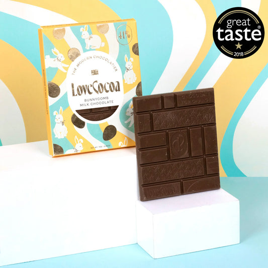 Love Cocoa Bunnycomb chocolate bar, single source coloumbian milk chocolate with crisp flakes of the finest honeycomb.
