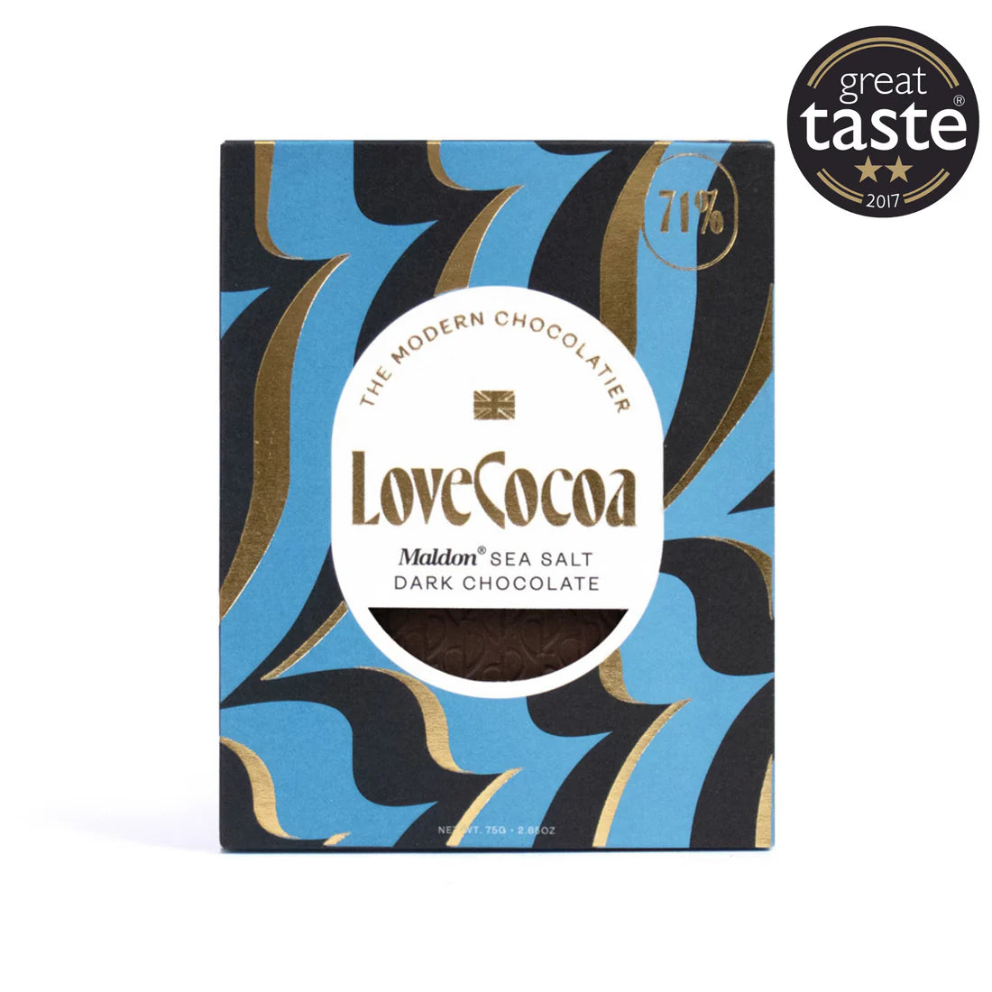 A bar of Malden sea salt Love Cocoa chocolate.