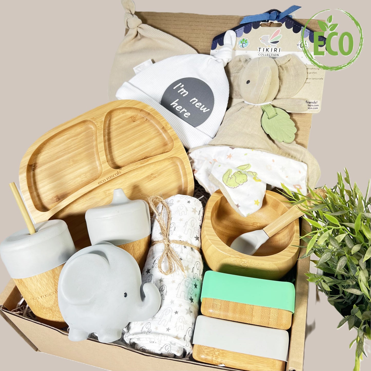 New Baby gifts.Eco friendly new baby weaning gift containing 6 bamboo baby feeding items, 1 x organic cotton elephant teether comforter, a large cotton muslin square, a natural rubber teething elephant and bath toy, 2 baby knots hats and a baby photography plaque.