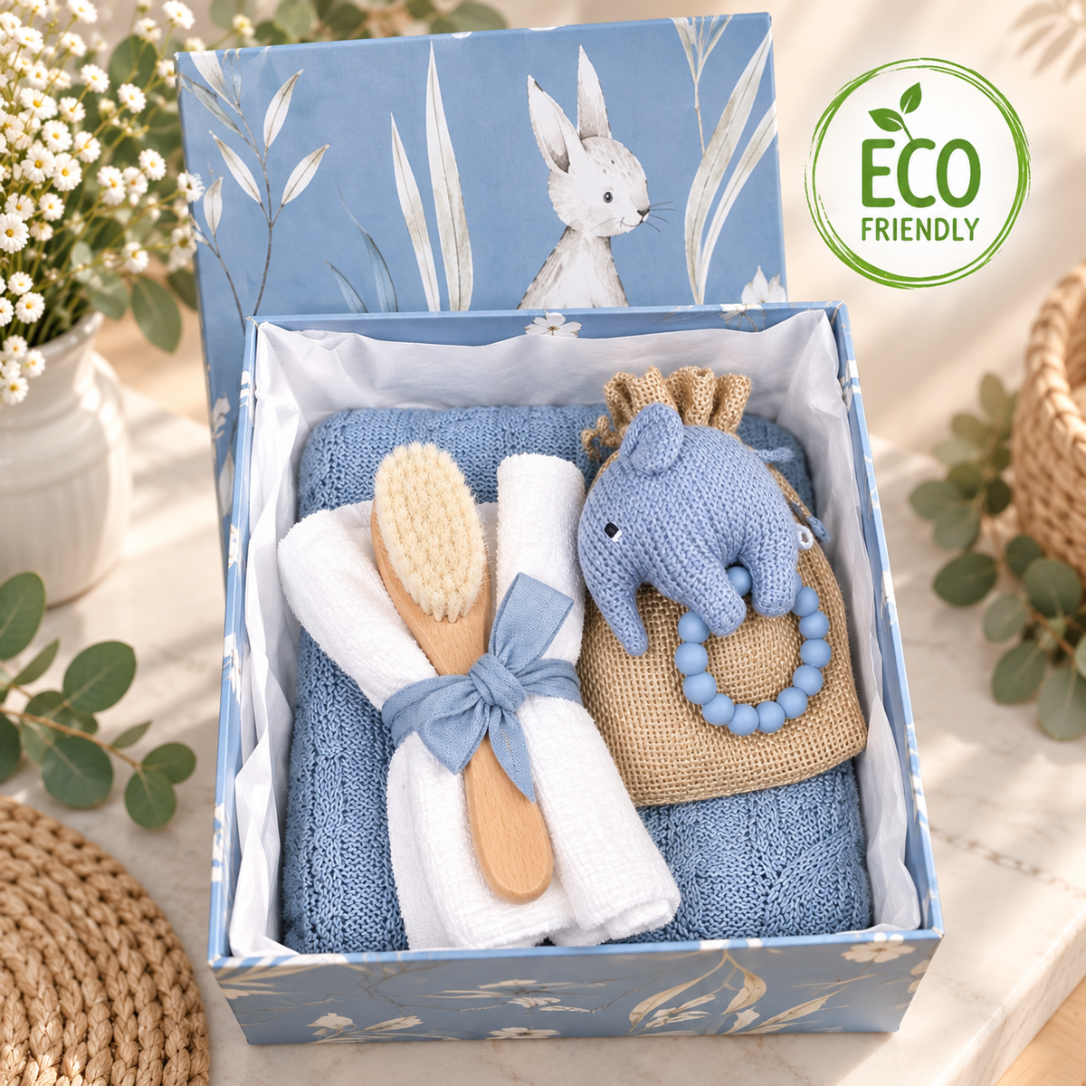 Luxury baby boy hamper with merino wool baby blanket and baby rattle