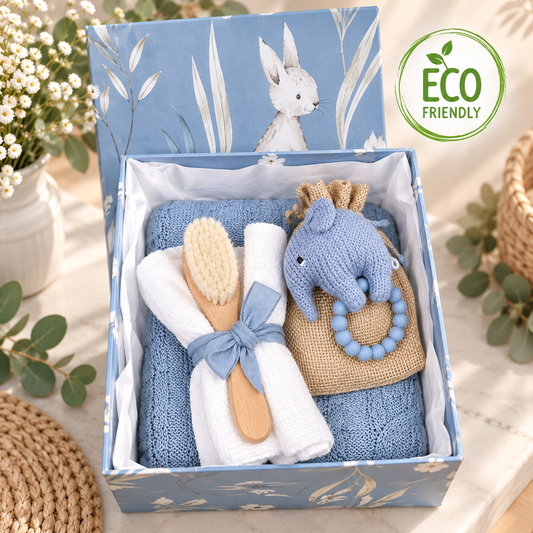 Luxury baby boy hamper with merino wool baby blanket and baby rattle