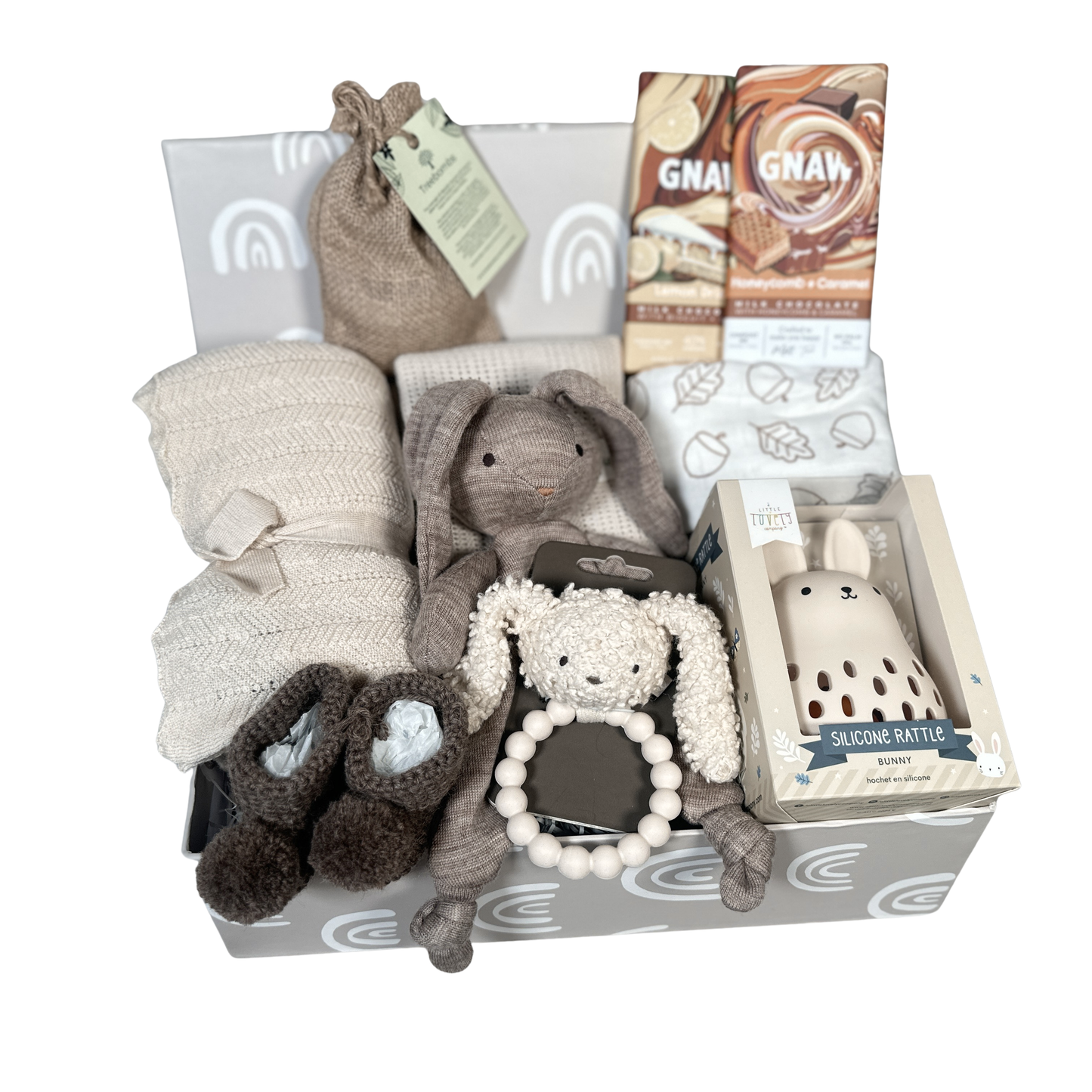 Luxury Baby Hamper, neutral colours, in a baby keepsake box with Merino wool baby blanket, wool bunny baby comforter and baby rattle and teether.