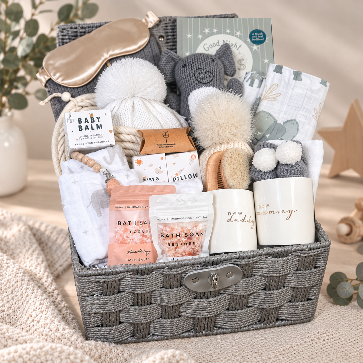 A new baby neutral baby hamper with an elephant theme, new mummy and daddy mugs and baby toiletries