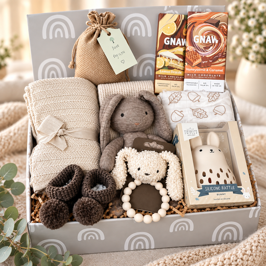 Luxury Baby Hamper, neutral colours, in a baby keepsake box with Merino wool baby blanket, wool bunny baby comforter and baby rattle and teether.