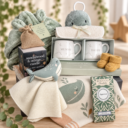 sage, green and cream curated baby hamper with cotton wale print blanket and matching baby comforter, a sandalwood and orange scent candle, a sage green baby robe, a pack of Treebombs, mummy and daddy mugs, crocheted baby booties, octopus musical baby toy and a bar of chocolate.