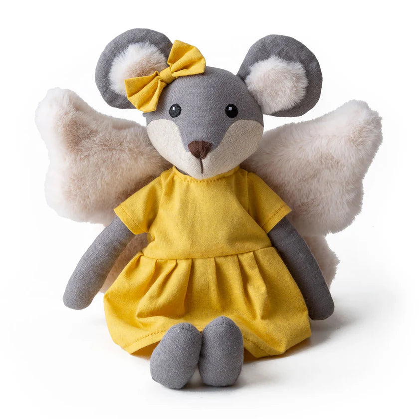 Plush toy mouse in a yellow dress with a bow on a white background