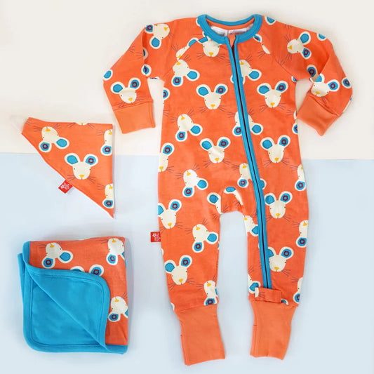 Baby shower gift -Maura Mouse zip up sleepsuit with fold over cuffs and matching baby bib and baby blanket.
