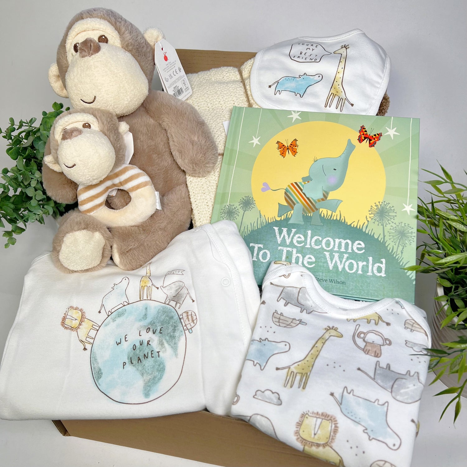 Planet friendly new baby hamper with a Keeleco Marley monkey soft toy and matching baby rattel , a Hippychick almond cellular baby blanket, a "Welcome to the world" hardback reading book and a three piece organic cotton baby clothing set to include a sleepsuit, bib and body suit with the wording "We love our planet"