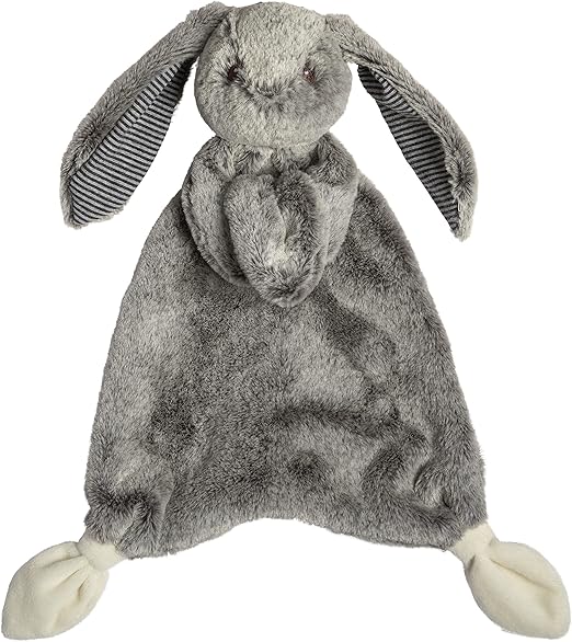 Mary Meyer grey bunny  lovey comforter toy with striped ears on a white background