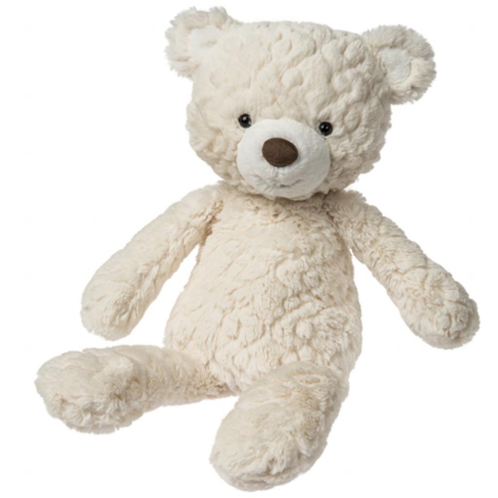 A cream-colored curly plush teddy bear with a brown snout and black eyes, sitting against a plain white background.