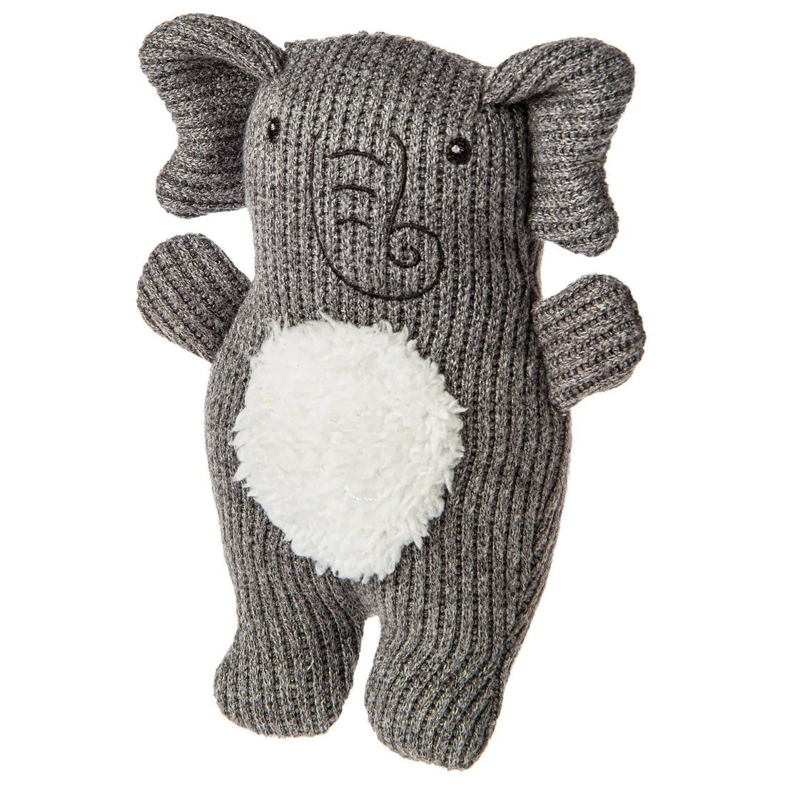 A grey Mary Meyer knitted plush elephant baby rattle with a white fluffy belly patch and embroidered facial features, shown against a plain white background.