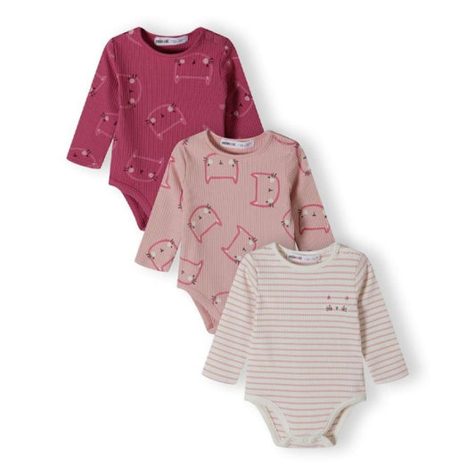 Three baby bodysuits with different patterns on a white background