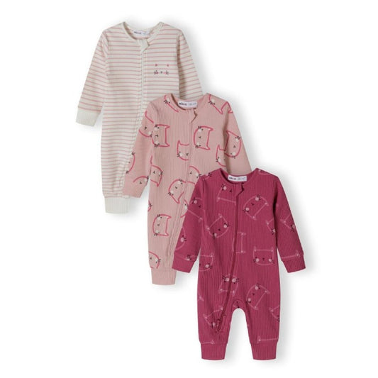 3 pink baby sleepsuits with zipped fronts