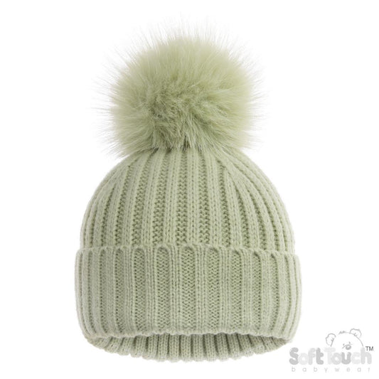 mint coloured baby pompom hat with a slight glittery pompom.
