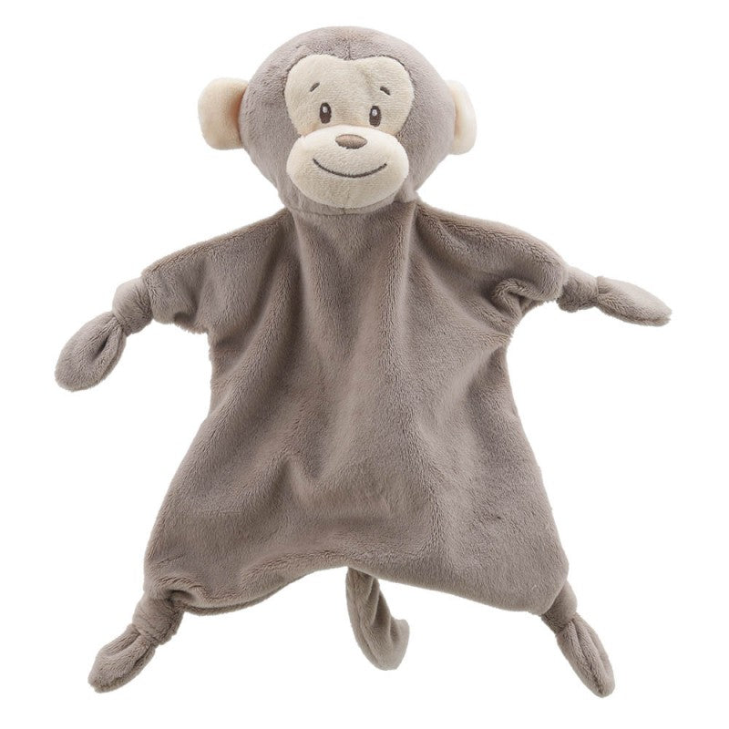 A monkey baby comforter with knotted arms and legs made from recycled plastics.