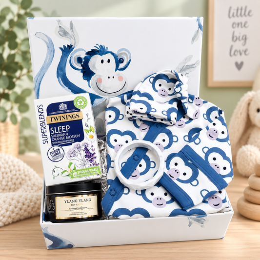 New Baby Gifts - Unisex, Blue and White Monkey Print Baby Romper, Teething Bracelet.
