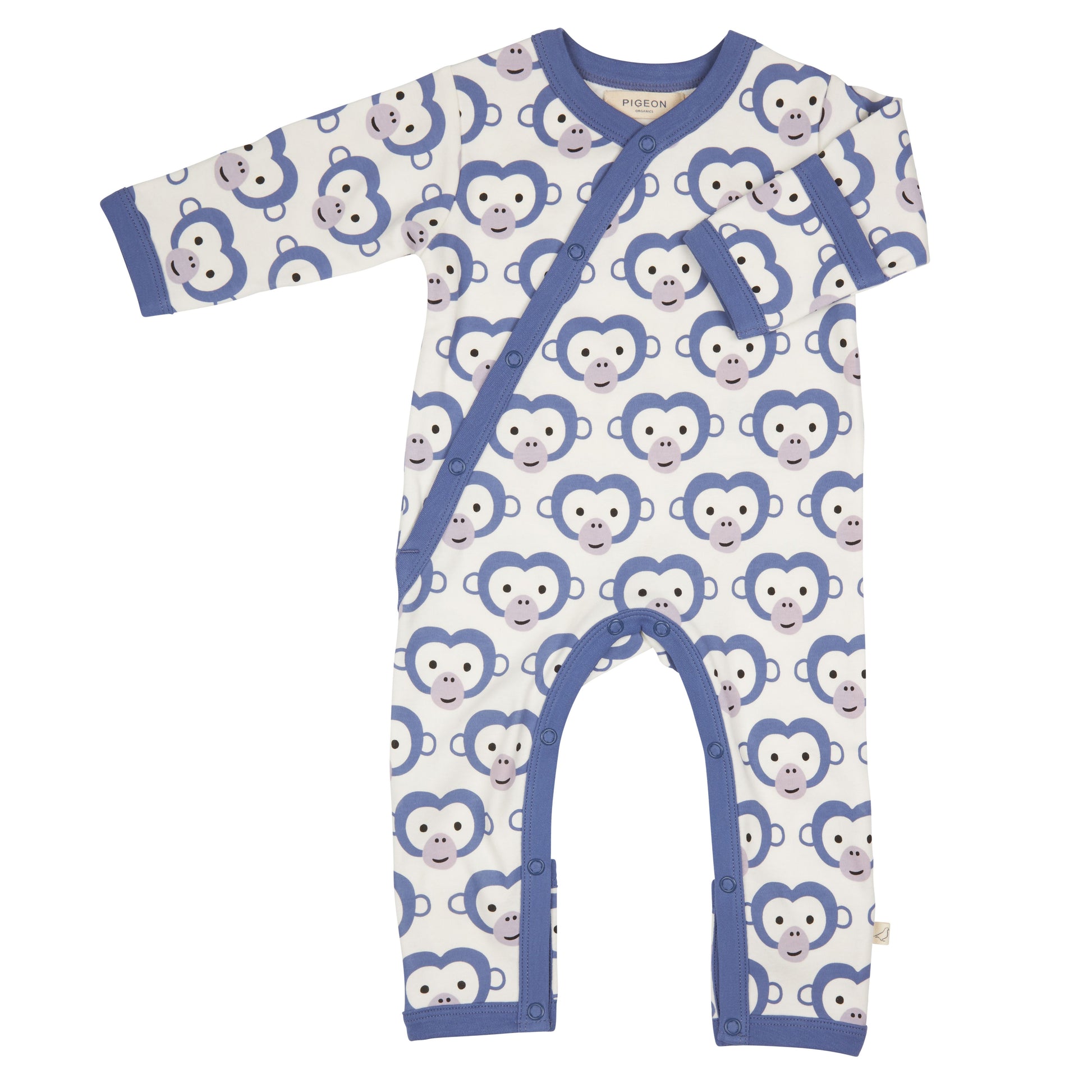 GOTS certified organic cotton baby romper in white with a blue and grey monkey face print.