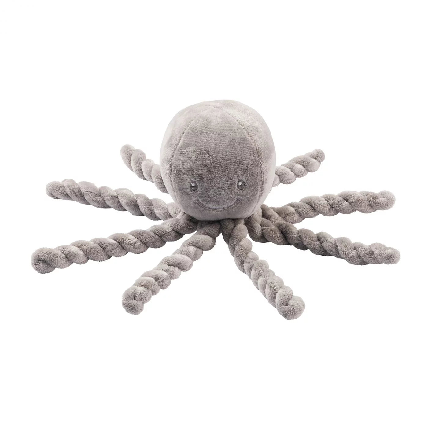 Nattou Pui Pui grey octopus toy with rope-like tentacles on a white background