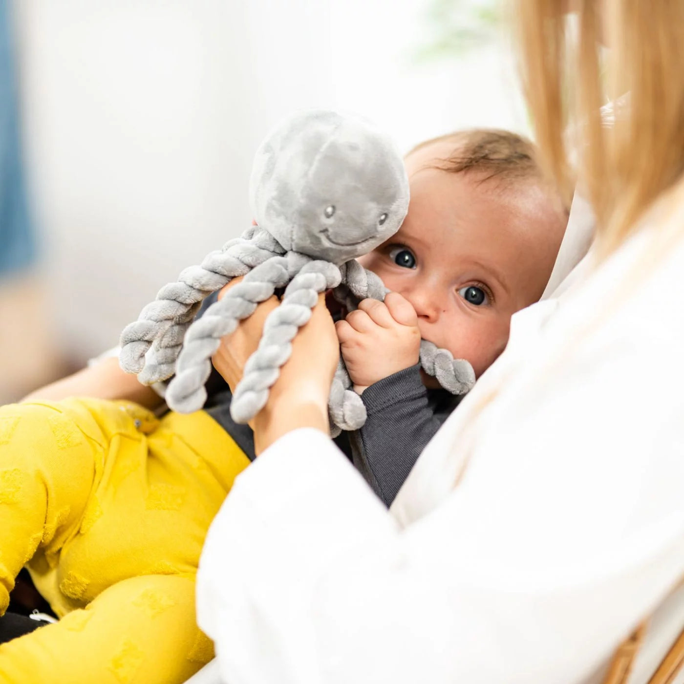 Baby holding a Nattou Pui Pui grey while being held by an adult .