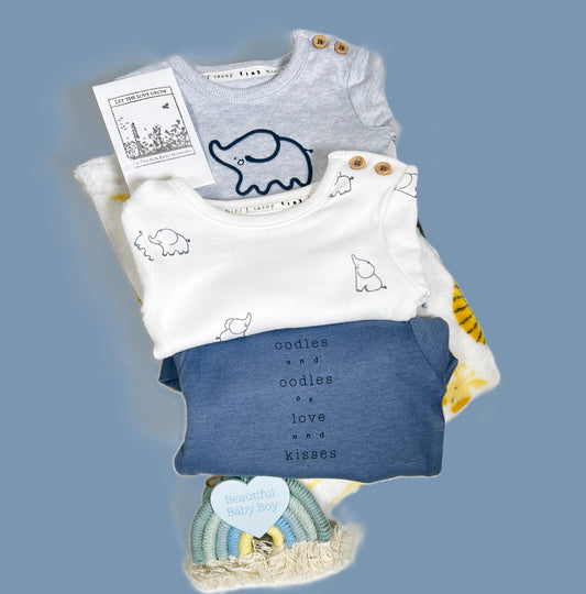new baby boy gift hamper containg a fleece jungle print baby blanket, 3 long sleeve body suits in blue - first size, a rainbow nursery sign, all in a small grey magnetic baby keepsake box.