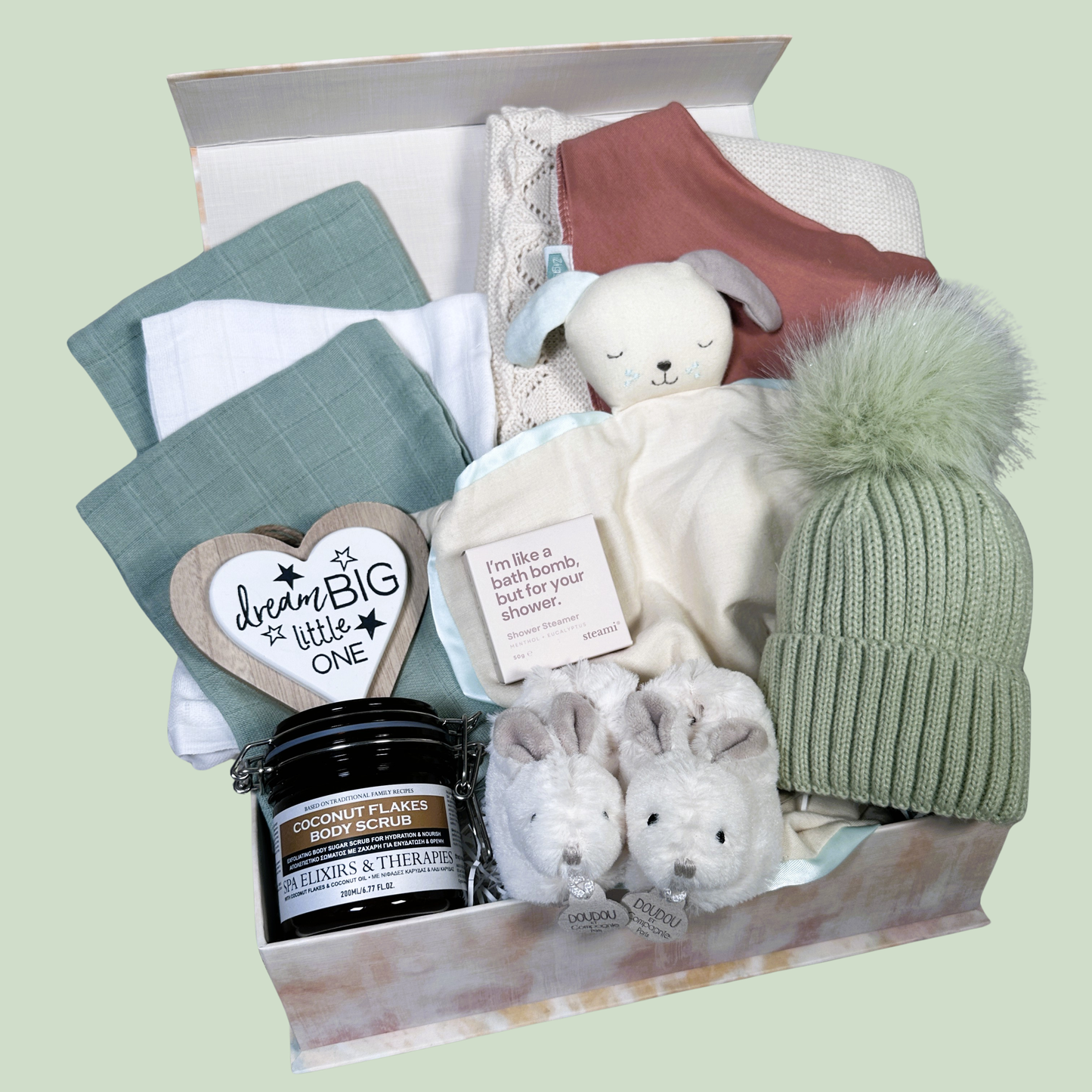 NEW BABY HAMPER SAGE AND TERRACOTTA AND CREAM, BABY BLANKET, BABY COMFORTER , NEW MUMMY TREATS