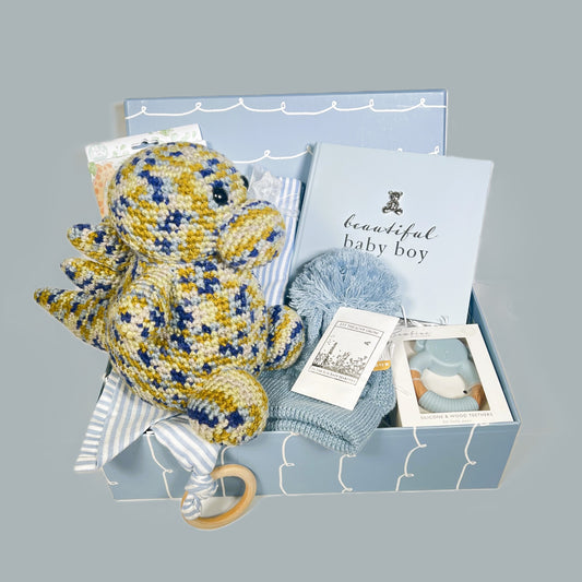 Bouncing Baby boy gift hamper with a dinosaur soft toy, a blue baby photo album, a bambino bear teething ring, a pompom hat in blue and 2 blue and white baby muslins.
