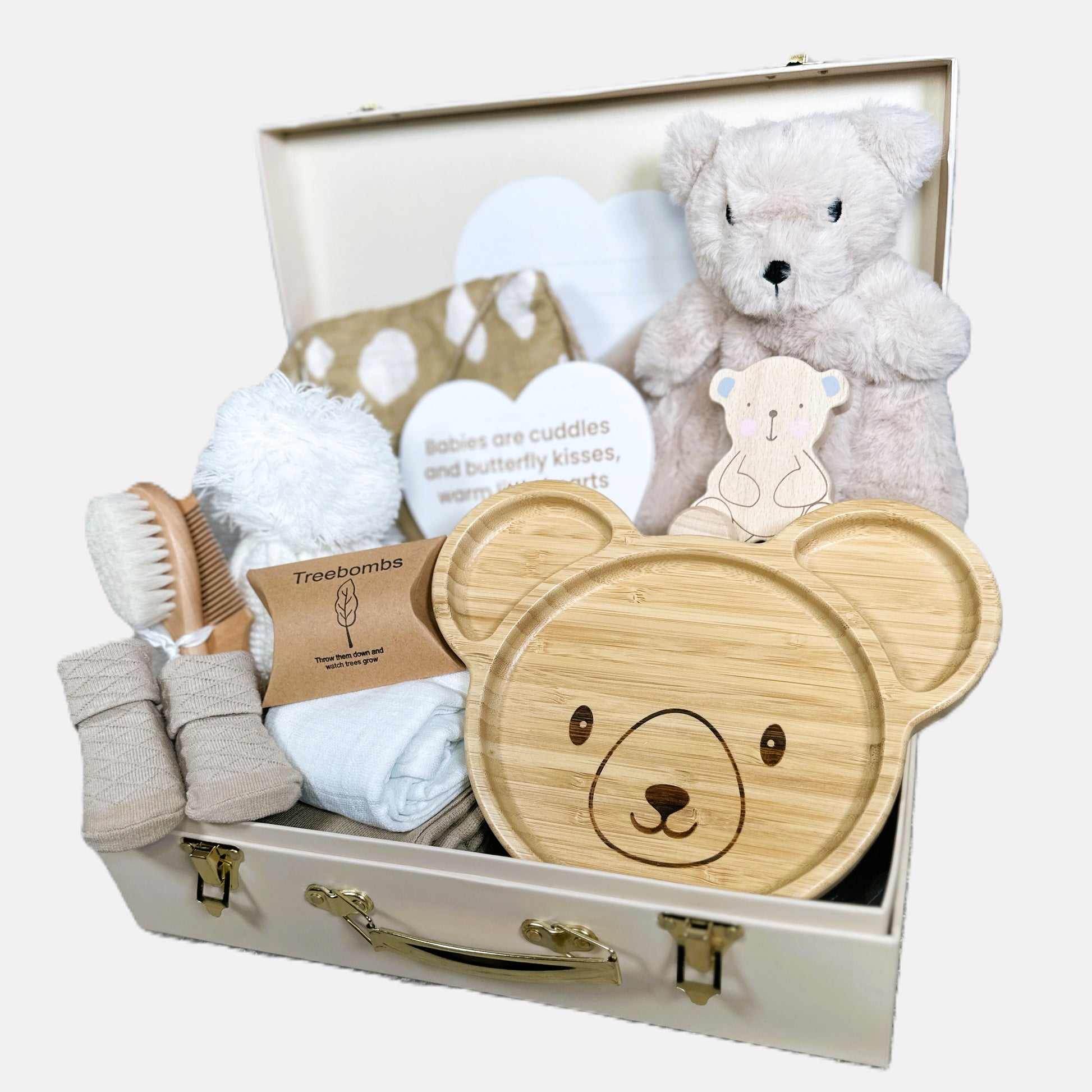 Baby gift set with teddy bear-themed items in a baby keepsake case