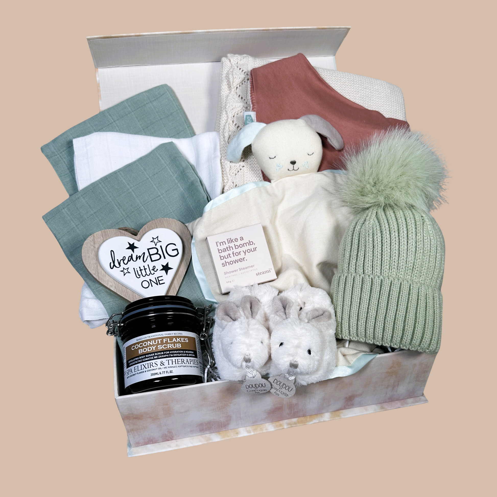 NEW BABY HAMPER SAGE AND TERRACOTTA AND CREAM, BABY BLANKET, BABY COMFORTER , NEW MUMMY TREATS
