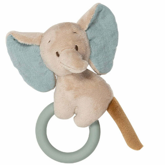 Nattou plush elephant toy with a teething ring on a white background