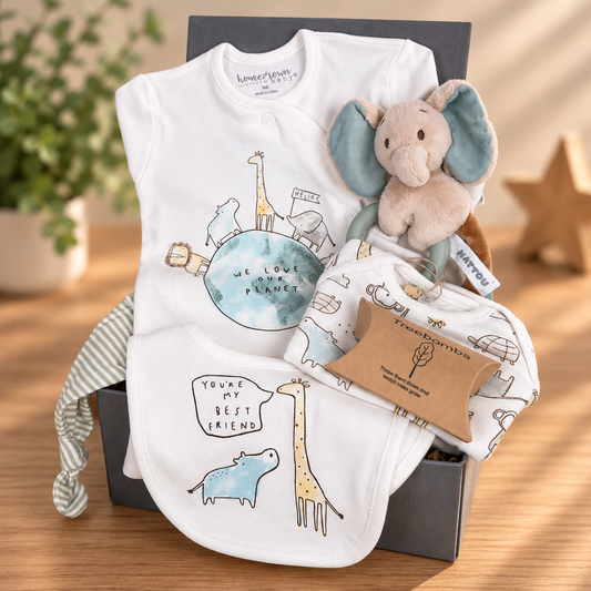 Baby Hamper with organic cotton clothing and Nattou baby rattle and teething toy