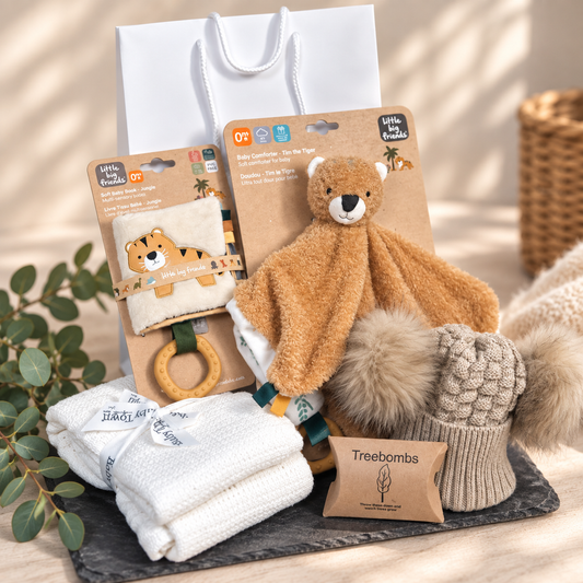 Tiger themed new baby hamper with tiger comforter and soft sensory baby book